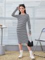 SHEIN Kids KDOMO Tween Girl Striped Print Fitted Dress