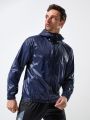 Men Geo Print Contrast Piping Zipper Drawstring Hooded Sports Jacket