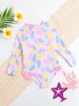 Young Girls' Long Sleeve One-Piece Swimsuit With Flower Print