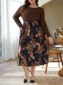 SHEIN Frenchy Plus Size Floral Printed High Slit Long Sleeve Maxi Dress