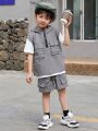 SHEIN Kids KDOMO Little Boys' Solid Color Sporty Casual Two-Piece Set