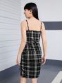 Plaid Ruched Knot Side Cami Bodycon Dress