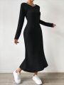 SHEIN Essnce Solid Ribbed Knit A-line Dress