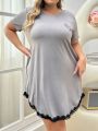 Plus Size Women's Short Sleeve Lace Nightgown With Peach Heart Pattern