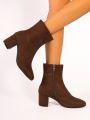 Women's Chunky High Heel Fashion Boots, Brown, Suitable For Both Autumn And Winter, Perfect For Daily Wear And Work Outfits