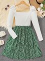 SHEIN Teen Girls' Knitted Slub Yarn Patchwork Floral Print Square Neckline Dress
