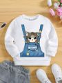 Little Girls' Cartoon Cat Round Neck Casual Sweatshirt