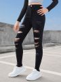 SHEIN Teen Girl's Casual Mid-Waist Irregular Cutout Skinny Jeans With Distressed Details