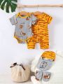 SHEIN Newborn Baby Boy Summer Cute & Stylish Tiger Patterned Romper, Tiger Printed Shorts, Cap, Drool Bib, Gloves, Etc. Gift Set