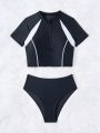 SHEIN Swim SPRTY Women'S Colorblocked Half-Zip Short Sleeve Rash Guard And Separate Swim Bottoms Set