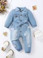 Baby Girl'S Elegant Bubble Sleeve Denim Jumpsuit With Button And Distressed Details For Autumn