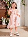 SHEIN Kids SUNSHNE Young Girl's Solid Color One-Shoulder Cami Ruffle Hem Casual Dress