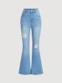 SHEIN Tween Girls' High Stretch Distressed Flared Jeans With Washed Finish