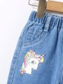 Baby Girl Unicorn & Rainbow Print Raw Hem Straight Leg Jeans
