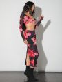 SHEIN BAE Floral Crop Top And Skirt Set With Rhinestone Embellishment