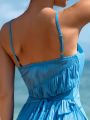 SHEIN Swim Mod Women's Solid Color Plisse Frill Trim Spaghetti Strap Cover-Up Dress