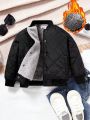 SHEIN Kids EVRYDAY Toddler Boys' Casual Loose Fit Embroidered Letter Pattern Thicken Fleece Jacket
