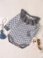 Baby Girls' Scalloped Edge & Decor Detailed Fish Scale Pattern Long Sleeve Romper Dress