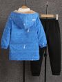Young Boy 1pc Denim-Effect Print Teddy Lined Hooded Coat & 1pc Sweatpants