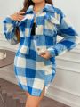 Oversized Flap Pocket Plaid Flannel Jacket And Skirt Two-Piece Set