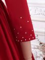 Tween Girl Pearls Beaded Bow Front Puff Sleeve Dress