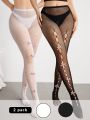 2pcs/set Hollow Out Mesh Thigh-high Stockings With Bow Accent