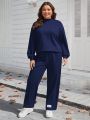 SHEIN LUNE Plus Size Women's Letter Patchwork Lantern Sleeve Top And Pants Set