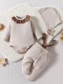 SHEIN Cute And Minimalist Baby Girl's Bodysuit With Long Pants And Hat, Leisure Homewear Set