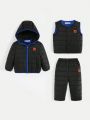 SHEIN Baby Boy Patched Detail Contrast Binding Hooded Jacket & Pants & Infinity Scarf