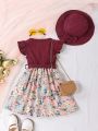SHEIN Kids SUNSHNE Young Girl Floral Print Ruffle Trim Belted Dress With Hat