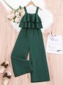 SHEIN Kids EVRYDAY Tween Girl Dark Green Solid Color Elegant Vintage Simple Jumpsuit With Thick Shoulder Straps For Summer