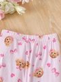 Young Girls' Cute Bear Printed Short Sleeve T-Shirt And Pants Pajama Set, 2pcs
