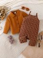 Baby Girl'S Casual Simple Single-Breasted Long Sleeve Jacket And Geometric Print Cami Jumpsuit Set For Summer