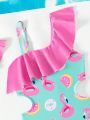 Baby Girls' One-Piece Swimsuit With Cartoon Print And Hollow-Out Waist And Ruffle Trim, Comes With A Swimming Cap