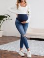 SHEIN Maternity Casual Low Waist Skinny Irregular Frayed Jeans