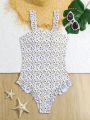 Teen Girl Floral Print One-Piece Swimsuit With Wide Shoulder Straps