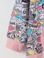 SHEIN Kids QTFun Toddler Girls Letter & Cartoon Graphic 3D Ear Design Drop Shoulder Hoodie Dress