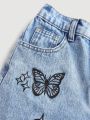 SHEIN Tween Girls Y2K Trendy Spring Summer Butterfly Print Stonewashed Ripped Straight Leg Jeans,Girl Summer Clothes Outfits