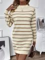 Striped Half High Collar Raglan Sleeve Sweater Dress