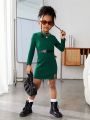SHEIN Kids Cooltwn Toddler Girls' Casual Knitted Solid Color Round Neck Long Sleeve Dress For Sports Style