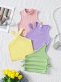 Young Girl's Knitted Solid Color Slim Fit Sleeveless Tops Four-Piece Set