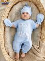 SHEIN 3pcs/Set Baby Boys' Casual Simple Daily Wear Comfortable Letter Print Jumpsuit With Hat And Gloves, Spring/Summer