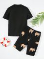 SHEIN Tween Boys' Casual Cartoon Sloth & Slogan Print Round Neck T-Shirt And Shorts Tight-Fitting Sleepwear Set, Knitted 2pcs