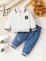 Autumn Baby Boy'S Two-Piece Set Featuring Turn-Down Collar Polo Shirt And Jeans