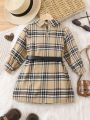 Young Girl Plaid Print Belt 2 In 1 Dress