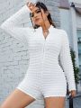 SHEIN Coolane Women's Plus Size Textured Long Sleeve Jumpsuit - White