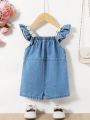 SHEIN SHEIN Baby Girl Spring Summer  Boho  Cute Small Daisy Girls Shorts,Doll Collar Denim Jumpsuit With Floral Decorations