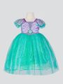 Little Girls' Pearl Beaded Sequin Mesh Ruffle Puff Party Dress