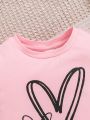 SHEIN Baby Girls' Casual Heart Pattern Short Sleeve T-shirt & Elastic Waist Long Pants Set