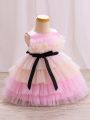 Baby Girls' Multilayer Tulle Party Dress With Mesh Splice And Sleeveless Design